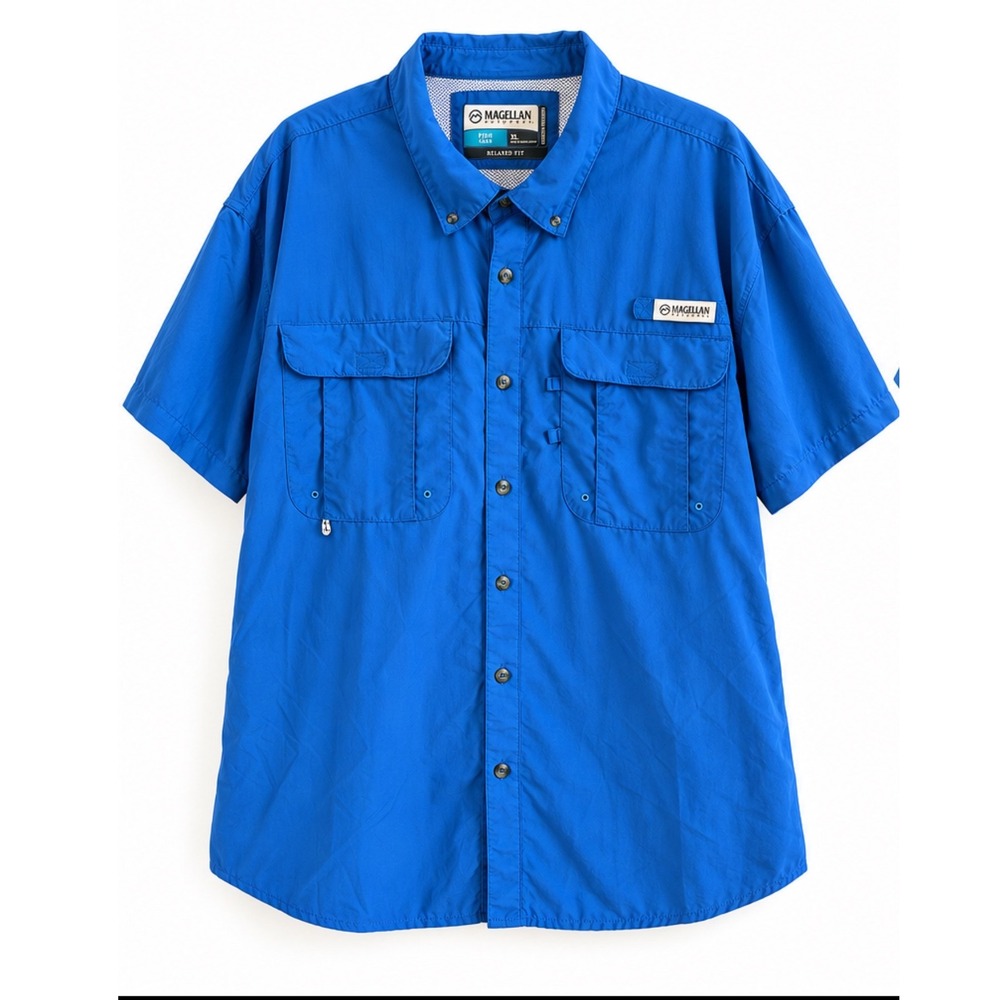 Magellan Outdoors Fish Gear Mens XL Blue Fishing Shirt Vented Moisture Wicking